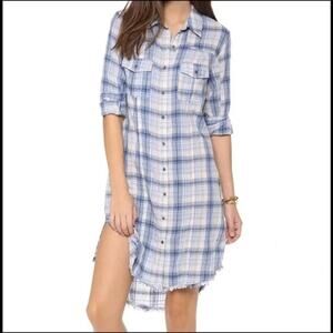 Free People Eight Days A Week Long Sleeve Plaid Shirt Dress Blue XS